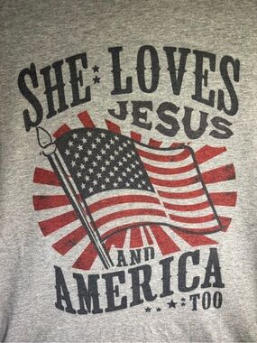 Woman’s Graphic Tee - She Loves Jesus - Patriotic Flag Design